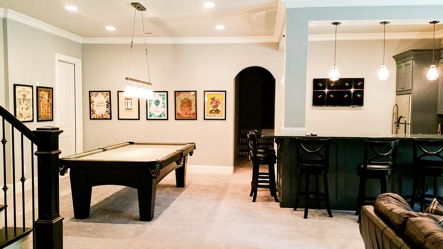 A finished basement living space in a Lake Norman home