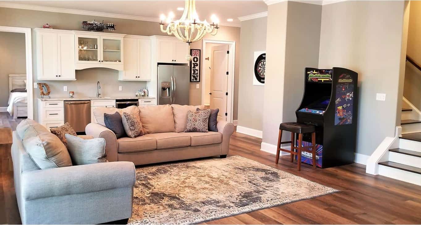 A finished lakeside basement living area in a Denver, North Carolina home